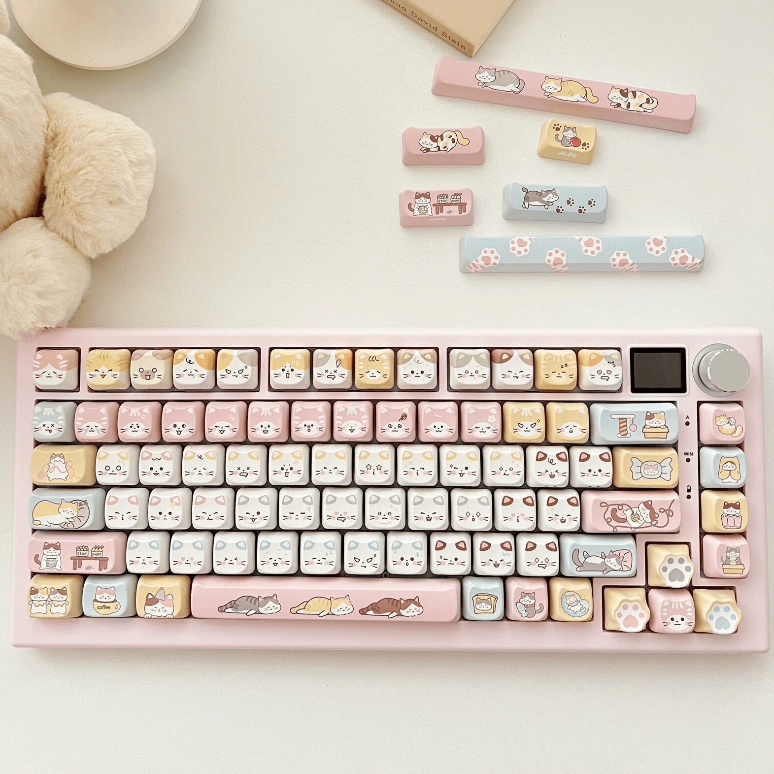 Cute cat keycaps from the Kitty's Wonderland set with pastel theme