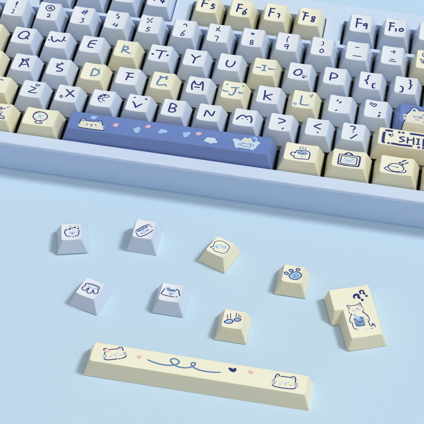 Stylish Lazy Cat Keycap Set with playful designs for gaming setups.