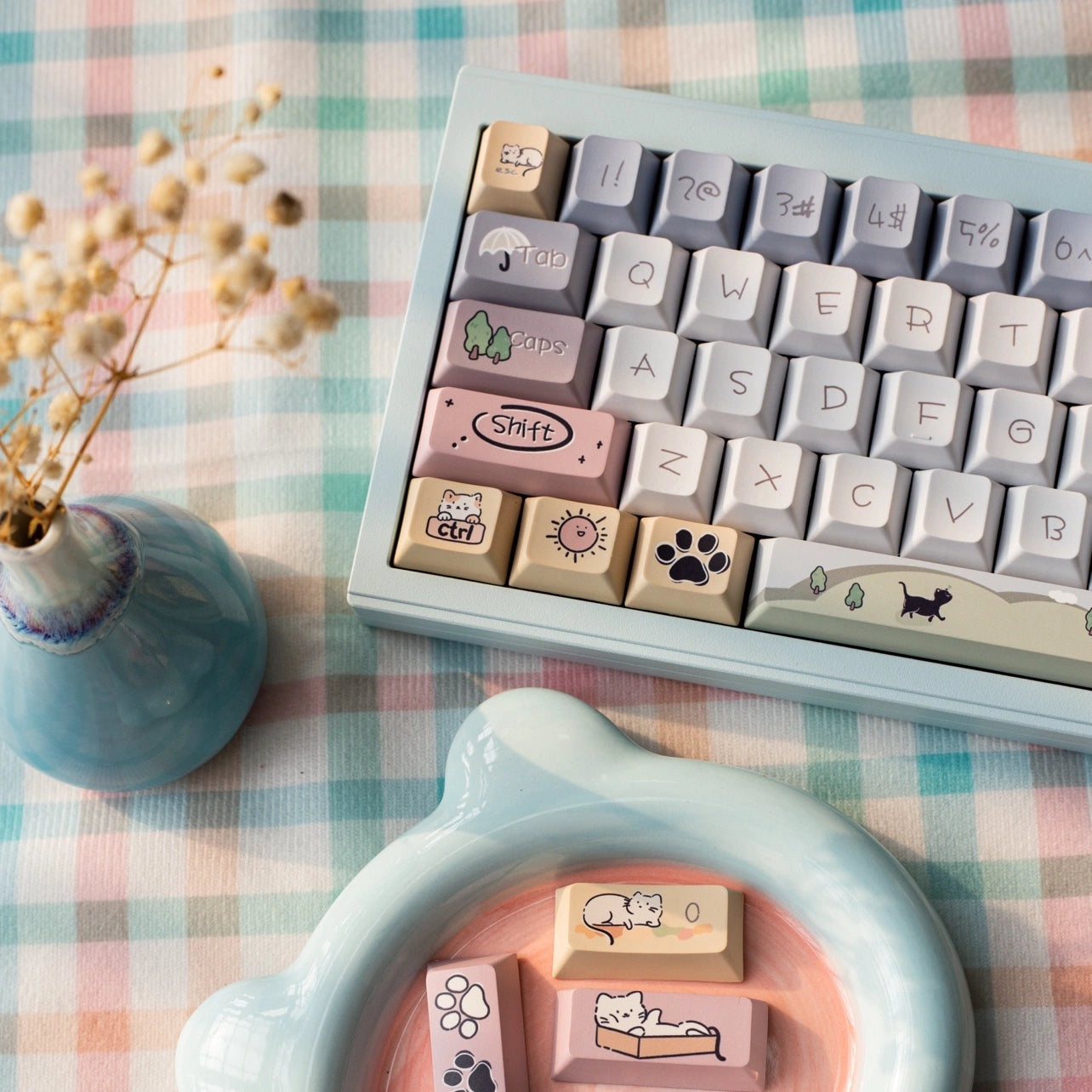 Lazy Paws Keycap Set featuring cute cat designs with green and pastel accents for mechanical keyboards.