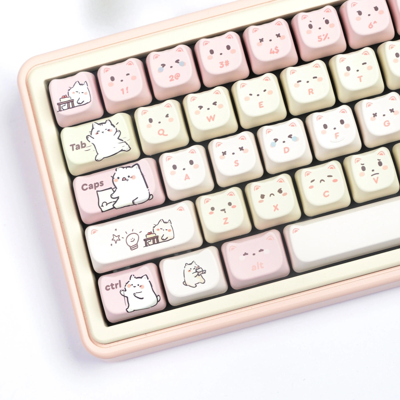 Lazy Paws Paradise keycap set featuring cute white cats on pink and yellow keys for mechanical keyboards.