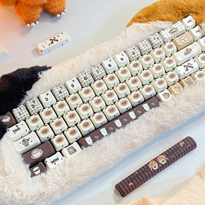 Cute Siamese cat-themed keycap set with coffee-inspired tones, perfect for gamer girls and cat lovers.