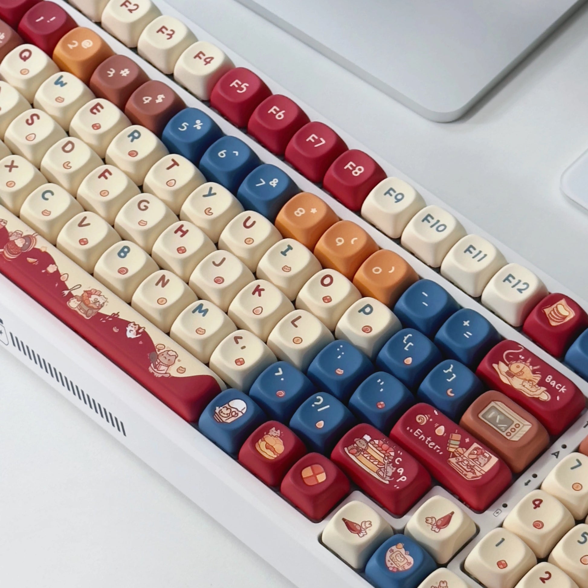 Cute red and blue Meowster Chef cat keycaps perfect for gamers and cat lovers.