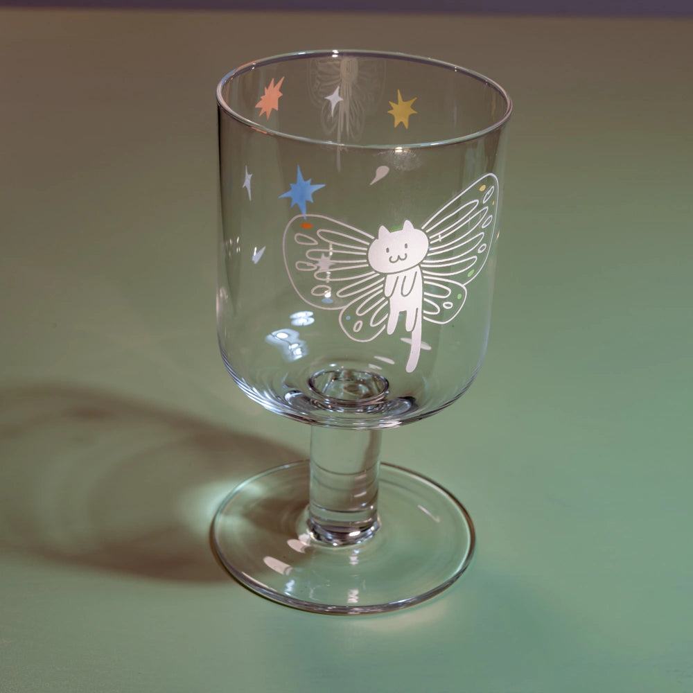 Fairy-inspired butterfly white cat drinking glass with delicate wings, a pawsome gift for cat lovers.