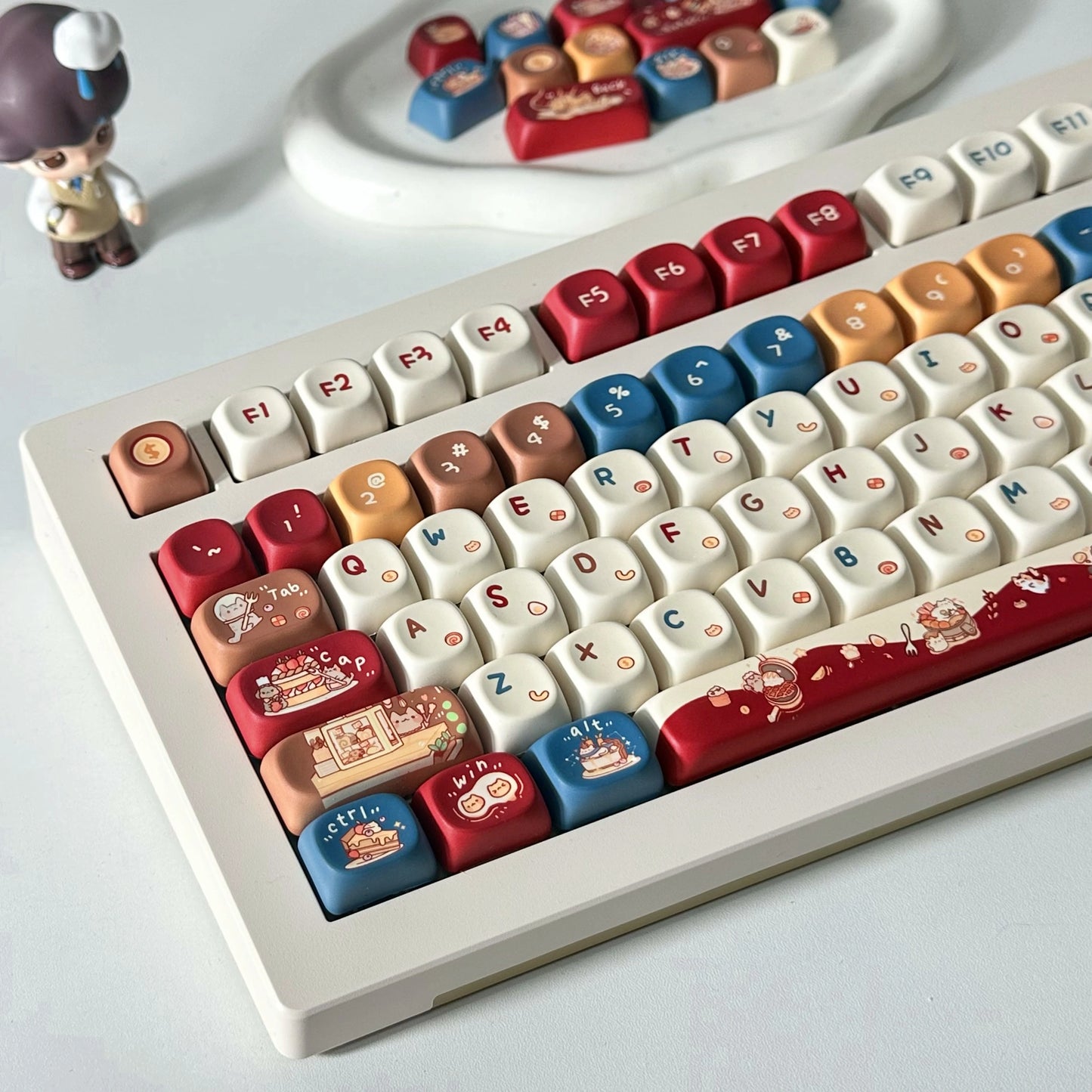 Meowster Chef Keycap Set featuring adorable tabby and calico cat designs in red and blue for mechanical keyboards.