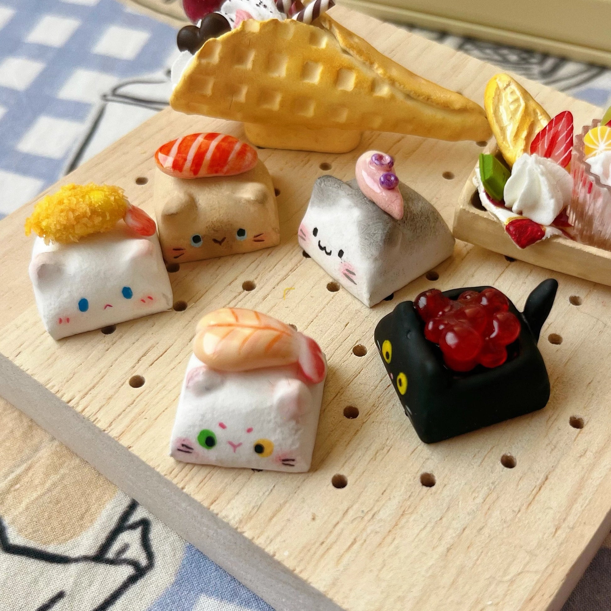 MeowSushi Handmade Mechanical Keyboard Keycap with cute polymer clay sushi cat design, perfect for cat lovers and gamers.