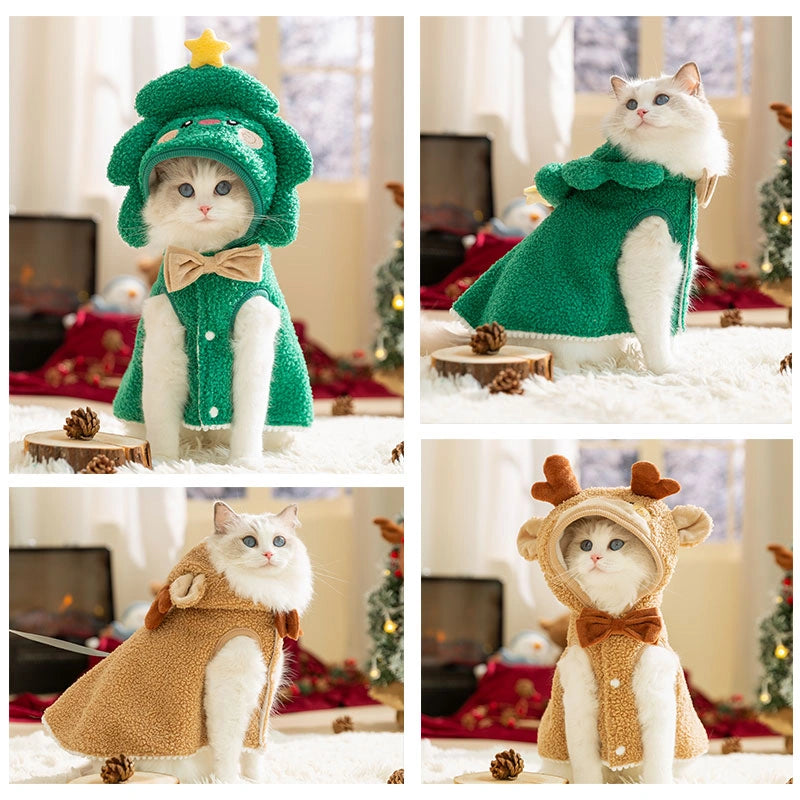 Meowy Christmas cat coat with cute reindeer design for festive holiday look