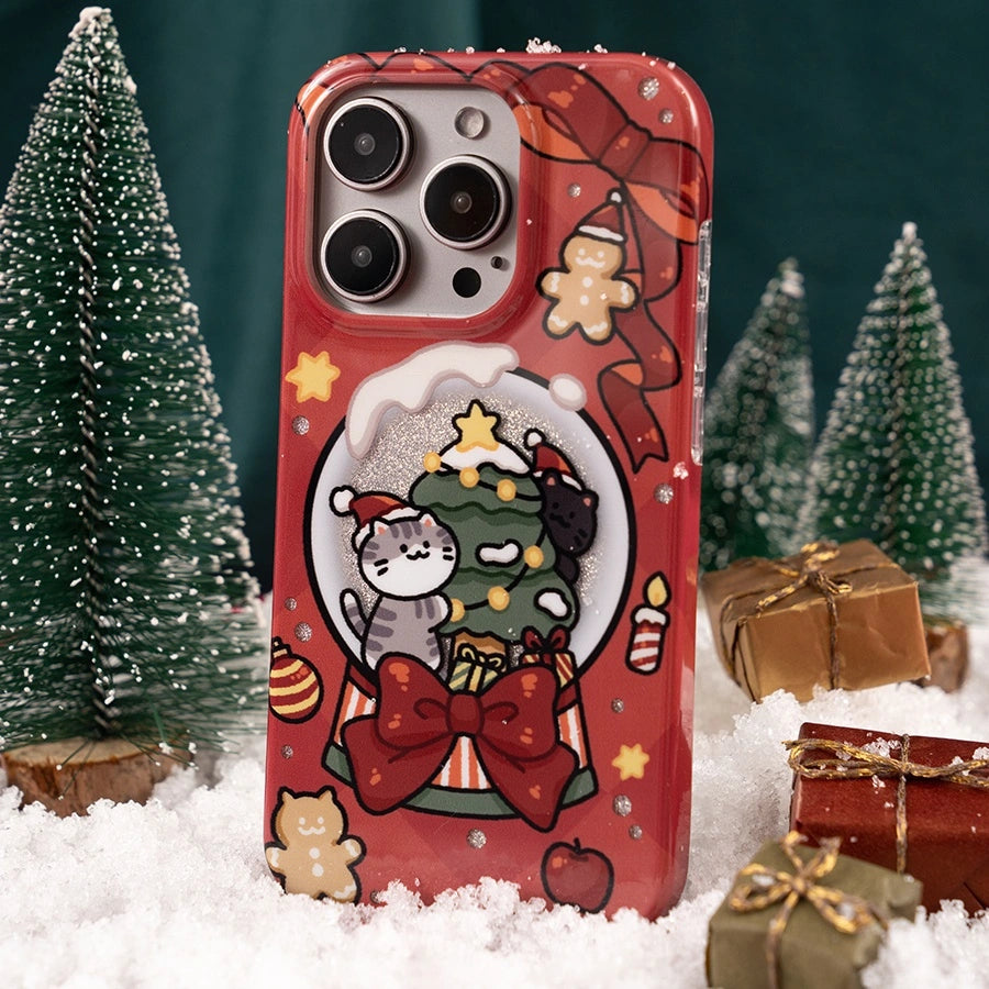 Christmas snow globe phone case with tabby cat for cat lovers
