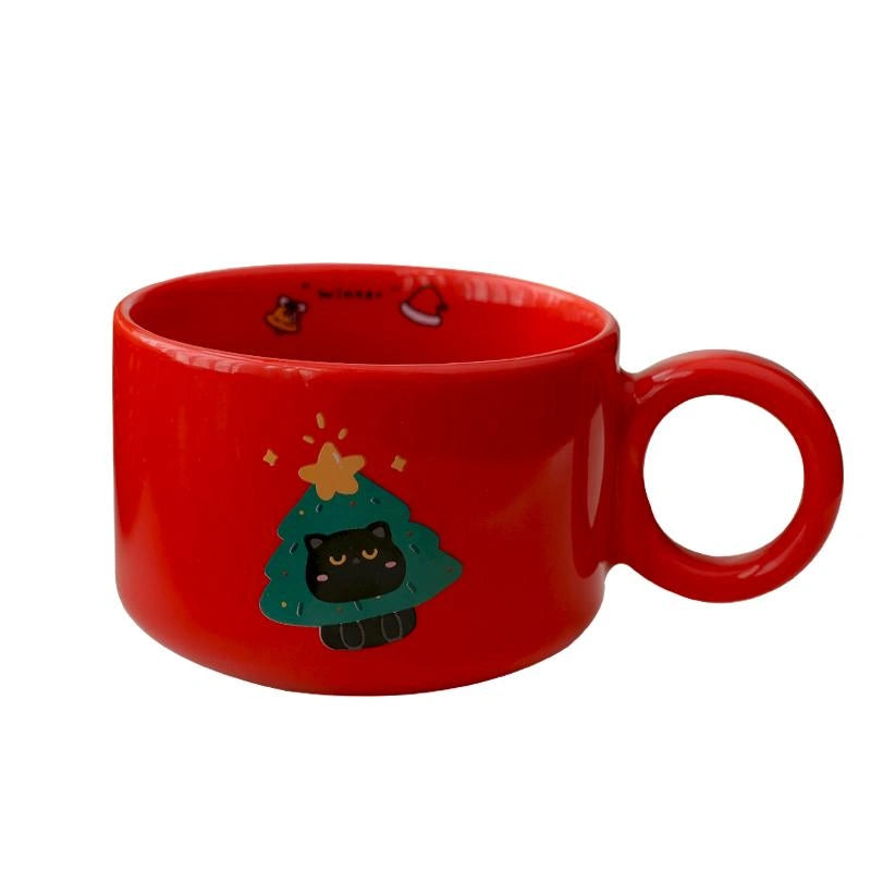 Merry Meow Holiday Mug featuring a black cat with a Christmas tree design, perfect for festive mornings.