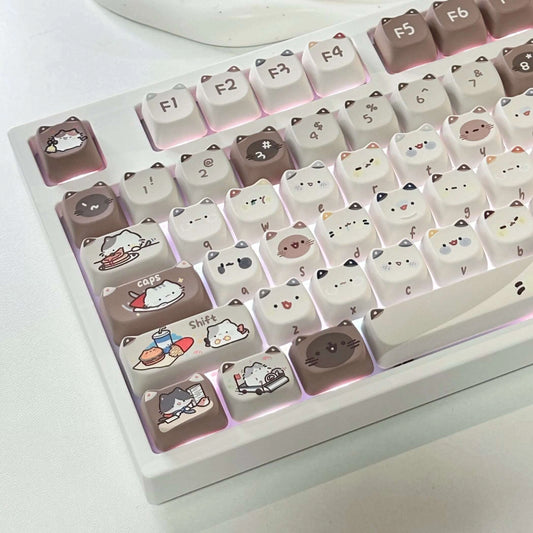 Mocha Cat Keycap Set featuring cute cat designs on a keyboard