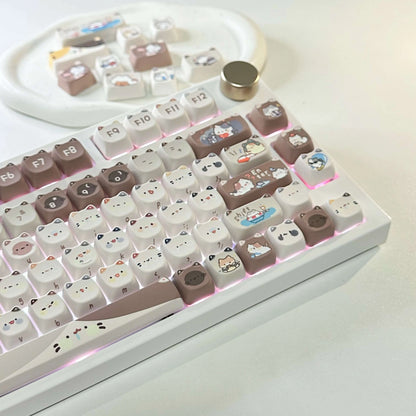 Close-up of the Mocha Cat Keycap Set with various cat designs
