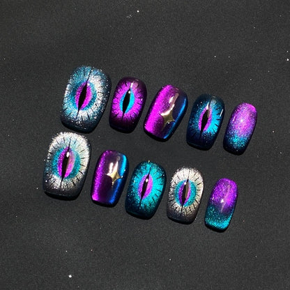 Purple and blue cat-eye nails set, Mystic Feline Gaze, great for Halloween and gothic style