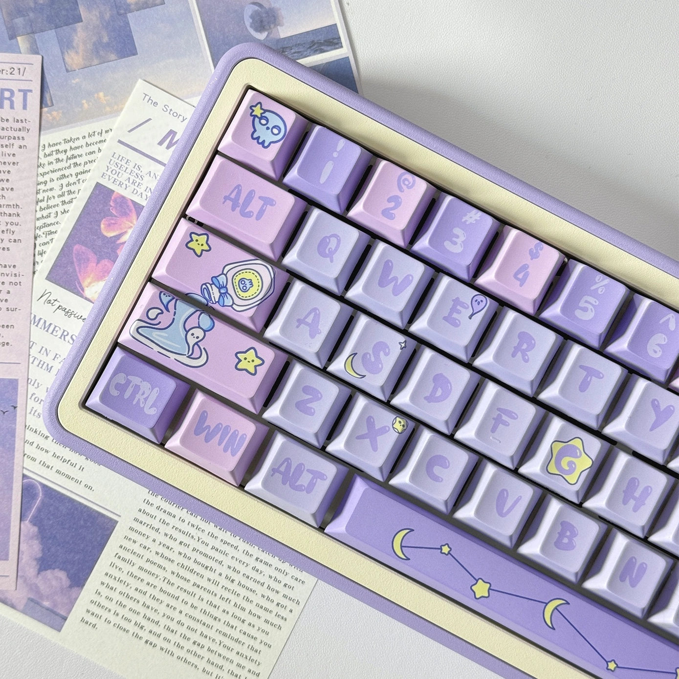 Mystic Meow Keycap Set featuring a purple and white theme with cute cat illustrations for mechanical keyboards.