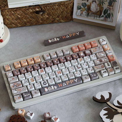 The Naughty Tabby Kitty Keycap Set arranged on a keyboard, showing the playful and colorful cat designs.