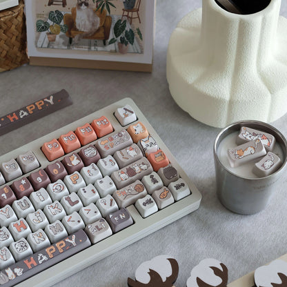 Another close-up of the Naughty Tabby Kitty Keycap Set highlighting the unique cat-themed letter designs.