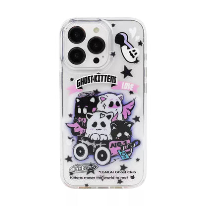 Boo-tiful Kitty Cart phone case featuring four cute ghost kittens in a cart, perfect for Halloween lovers seeking a gothic pink and black accessory from Cat Lady's Find.