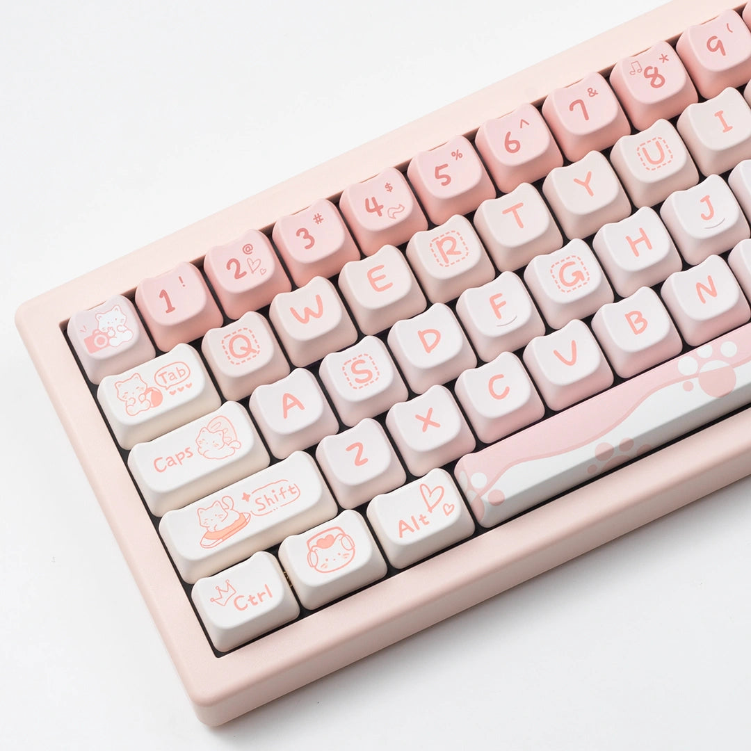 Close-up of the Party Cat Keycap Set showing the pink and white cat-themed keycaps with playful designs.