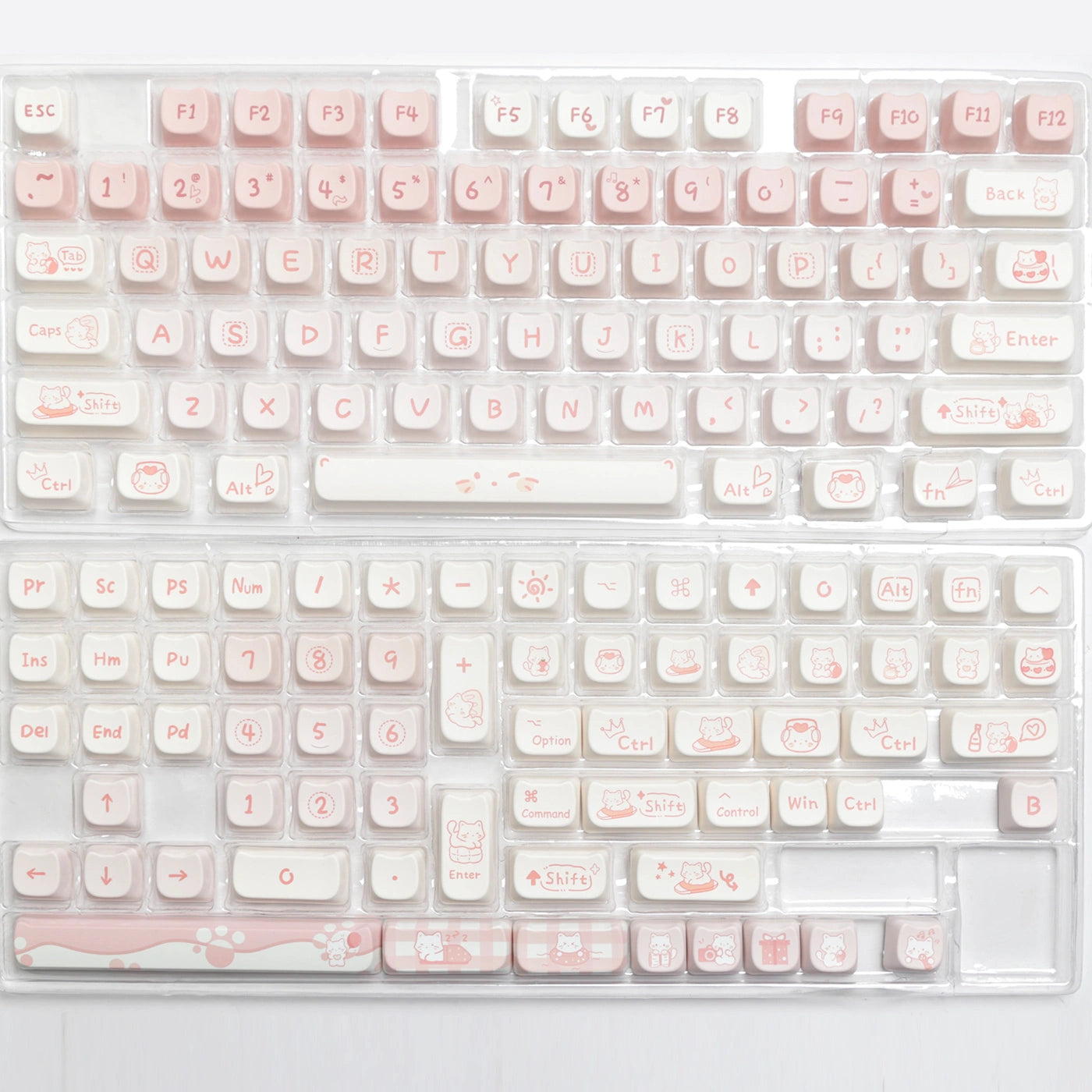 Full layout view of the Party Cat Keycap Set in pink and white, featuring adorable cat-themed keycaps.