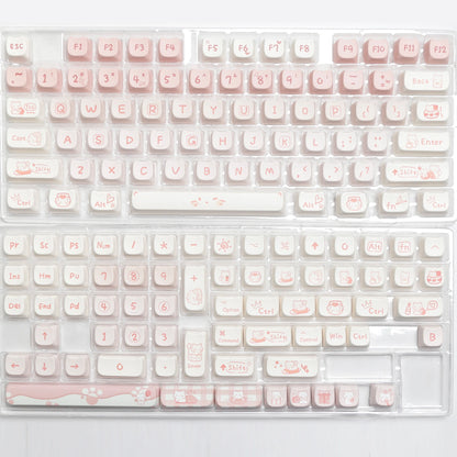 Full layout view of the Party Cat Keycap Set in pink and white, featuring adorable cat-themed keycaps.