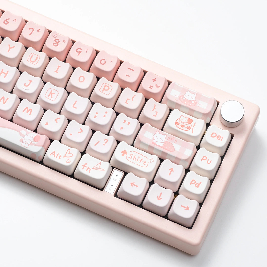 Detailed view of the Party Cat Keycap Set, highlighting the cat-shaped keycaps and cute illustrations.