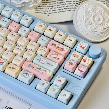 Cute mechanical keyboard keycap set with cats and hamsters in baby blue and pink tones.