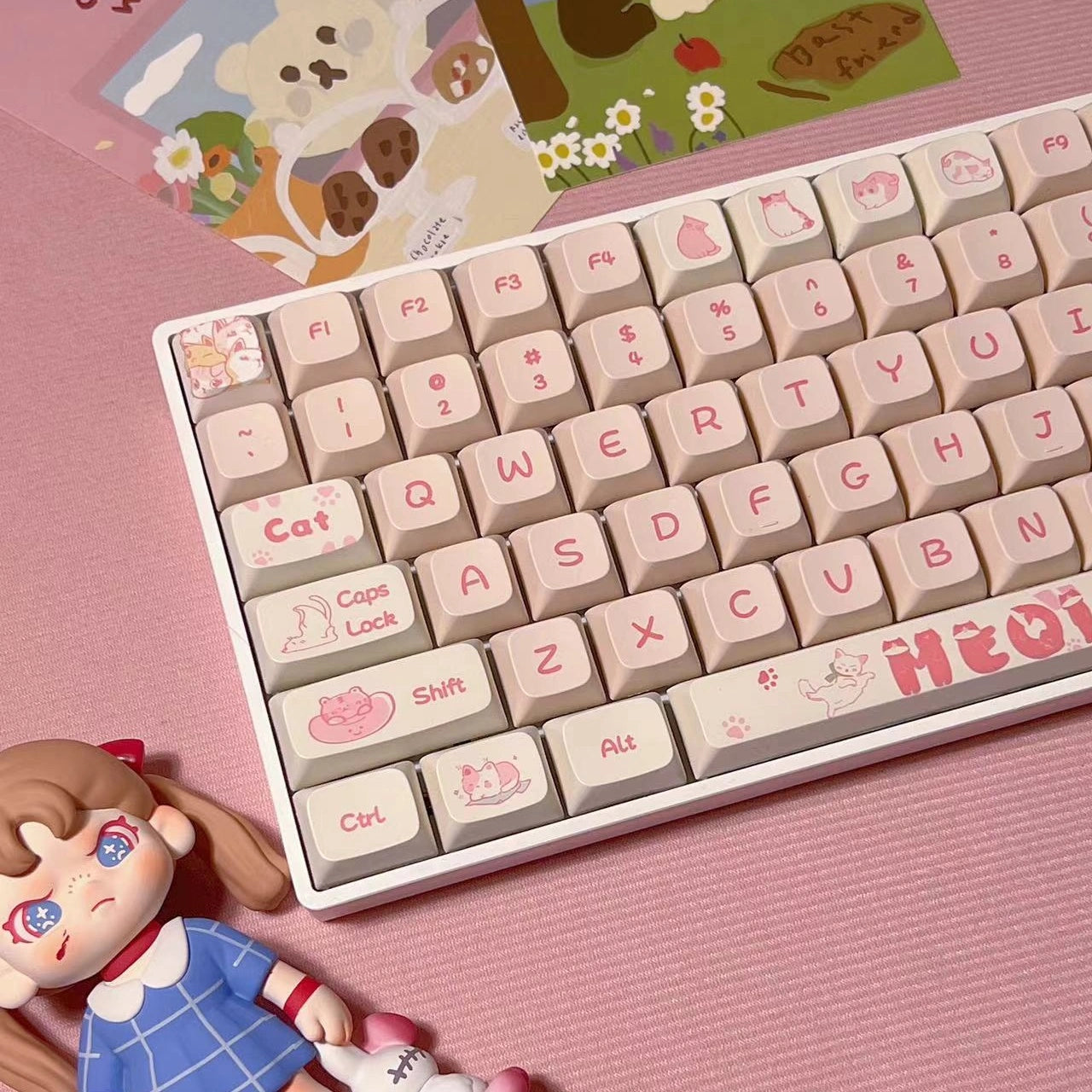 Paw-sitively Pink Keycap Set featuring adorable cat designs in a pink color theme for mechanical keyboards