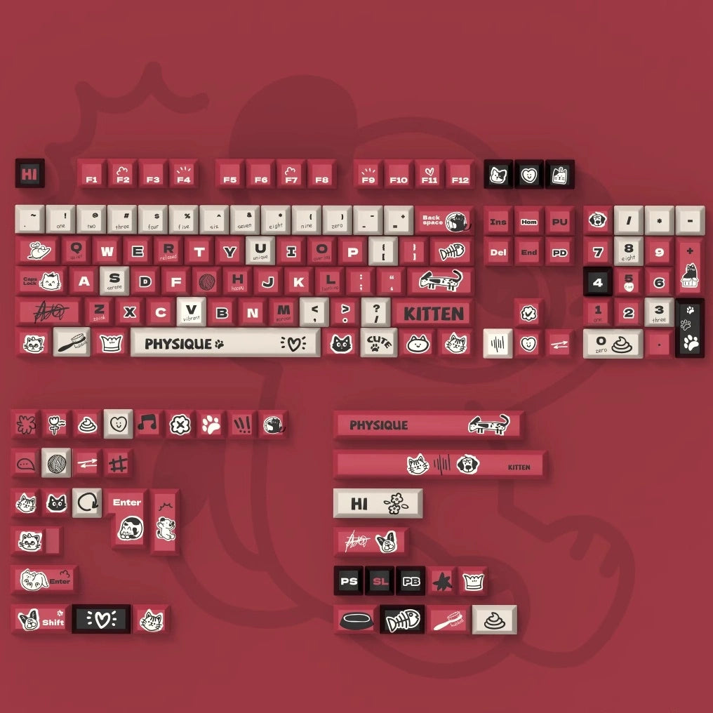 Overview of the Paws and Claws Showdown Keycap Set, showcasing a playful cat and dog battle theme with vibrant red, beige, and black colors.