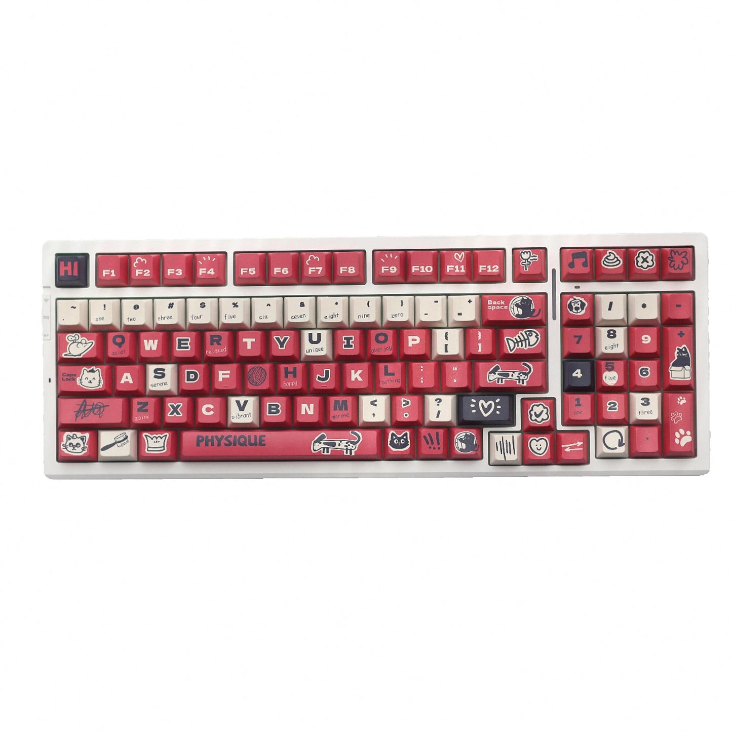 Keyboard layout with the Paws and Claws Showdown Keycap Set, displaying the fun cat and dog battle designs in a red, beige, and black theme.