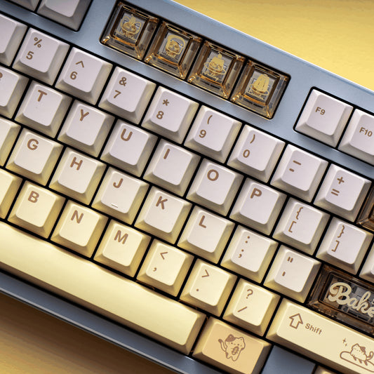 Transparent PBT+PC keycaps with cat and baking theme in cherry profile

