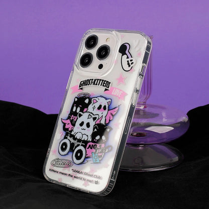 Celebrate Halloween with the Boo-tiful Kitty Cart phone case, showcasing four adorable ghost kittens in a cart – the perfect gothic gift for cat lovers by Cat Lady's Find.