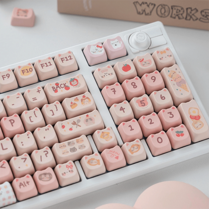 Kawaii cat and fruit design keycaps in pastel pink