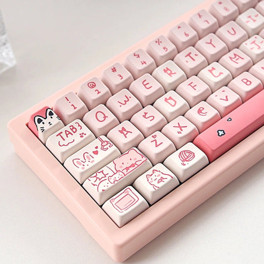 Close-up of the Pink Meow Meow Keycap Set featuring cute cat designs on a pink background.