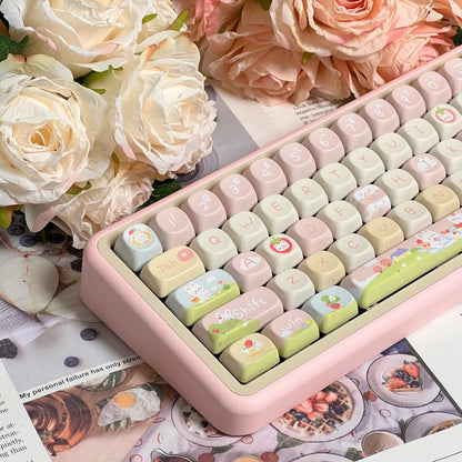 Strawberry Meow-lk pastel pink keycap set with cute strawberry and milk cat designs for mechanical keyboards.