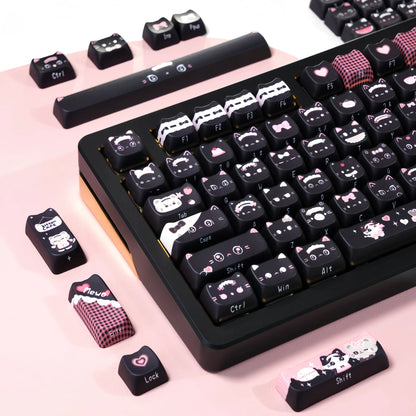 Pink Purrmaid Keycap Set featuring a cute pink and black cat design, perfect for mechanical keyboards and cat lovers.