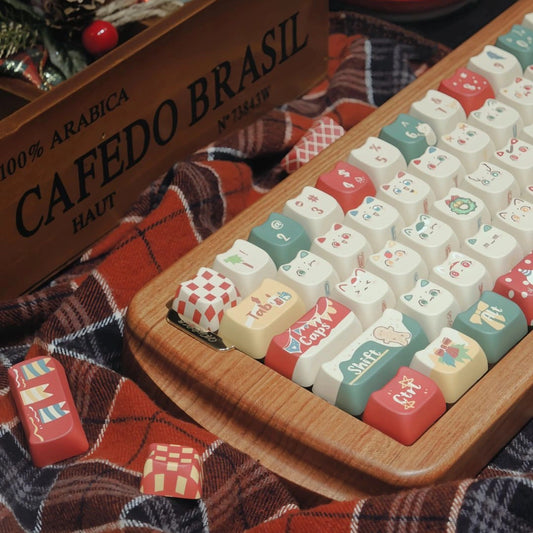 Purrfect Christmas Keycap Set featuring cute festive cat designs for mechanical keyboards.