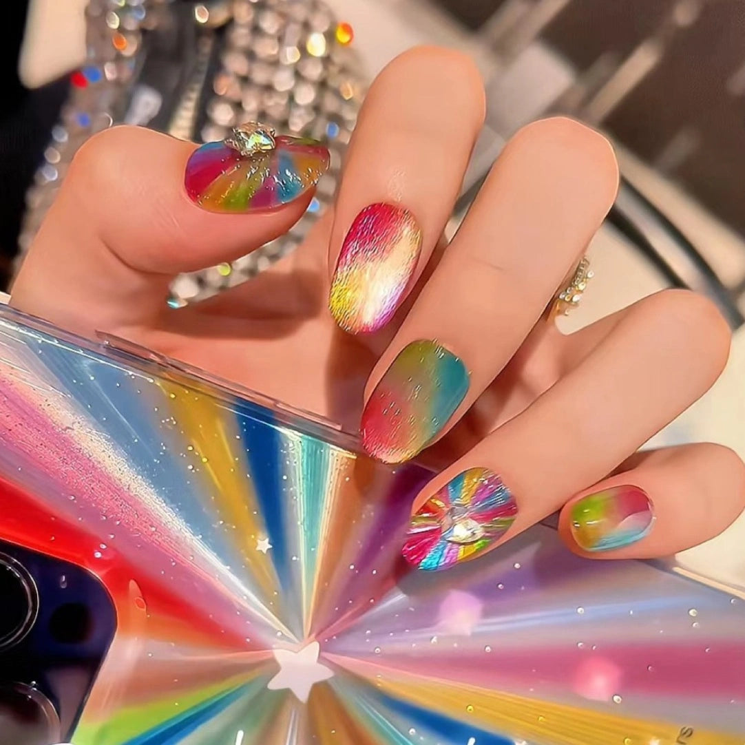 Rainbow Heartburst handmade press on nails with colorful glitter design
