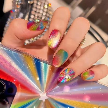 Rainbow Heartburst handmade press on nails with colorful glitter design
