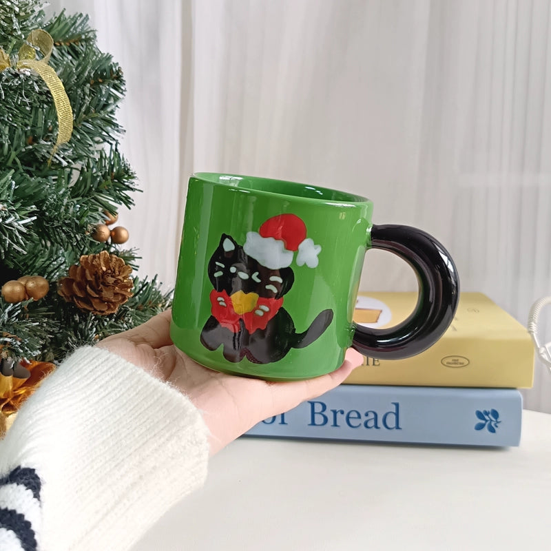 Black cat ceramic mug with Santa hat for Christmas gift
