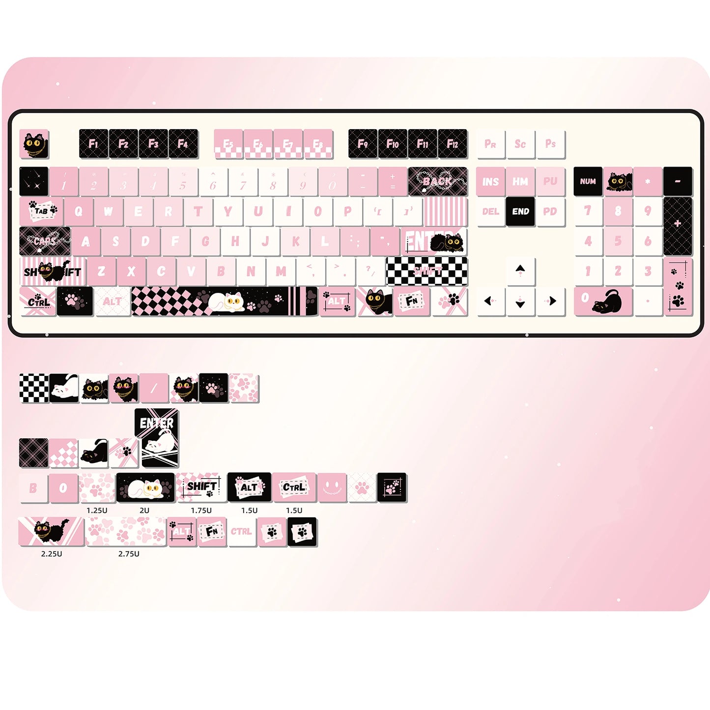 Cute mechanical keyboard keycap set with a black cat and sassy pink patterns, perfect for gifts.
