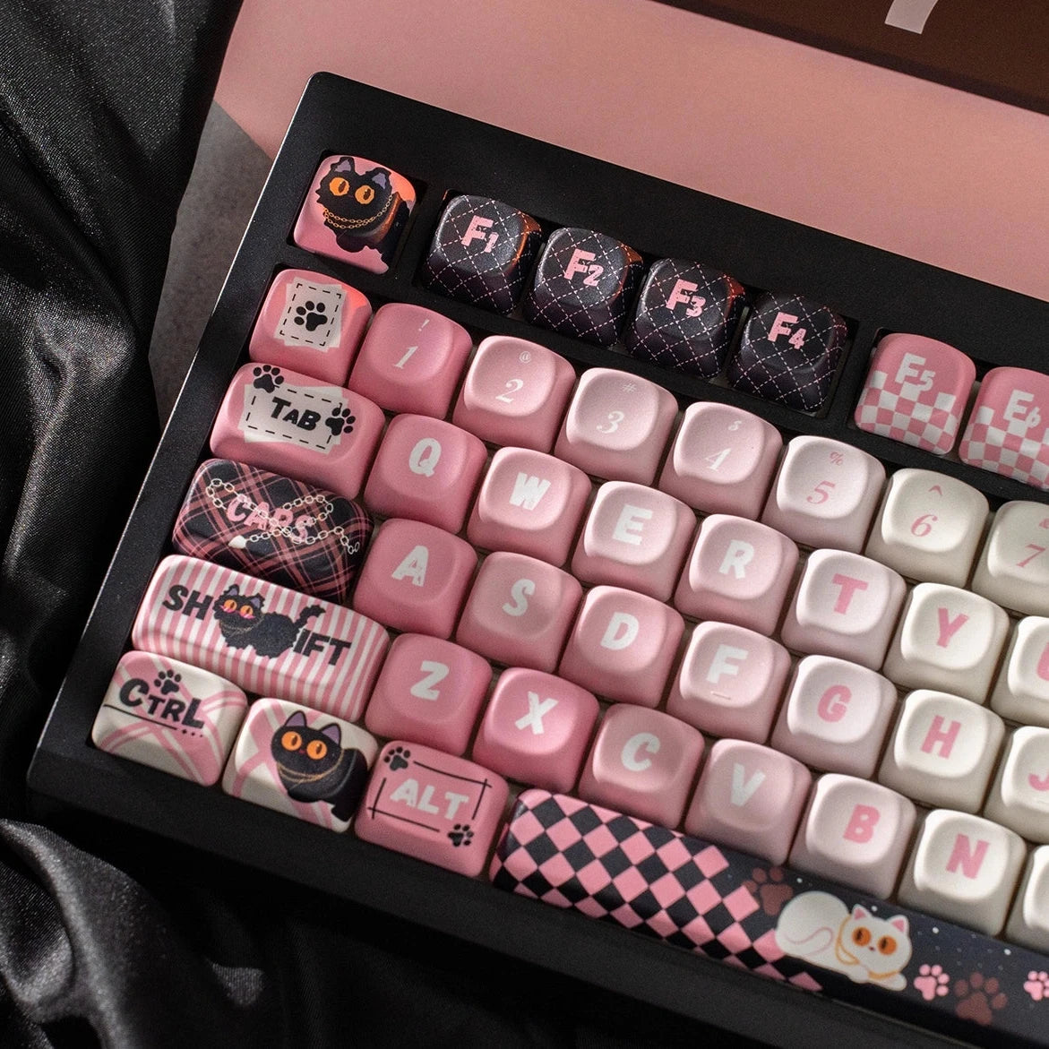 Sassy Cat Vibes Keycap Set with a cute black cat and black-pink Y2K design for mechanical keyboards.
