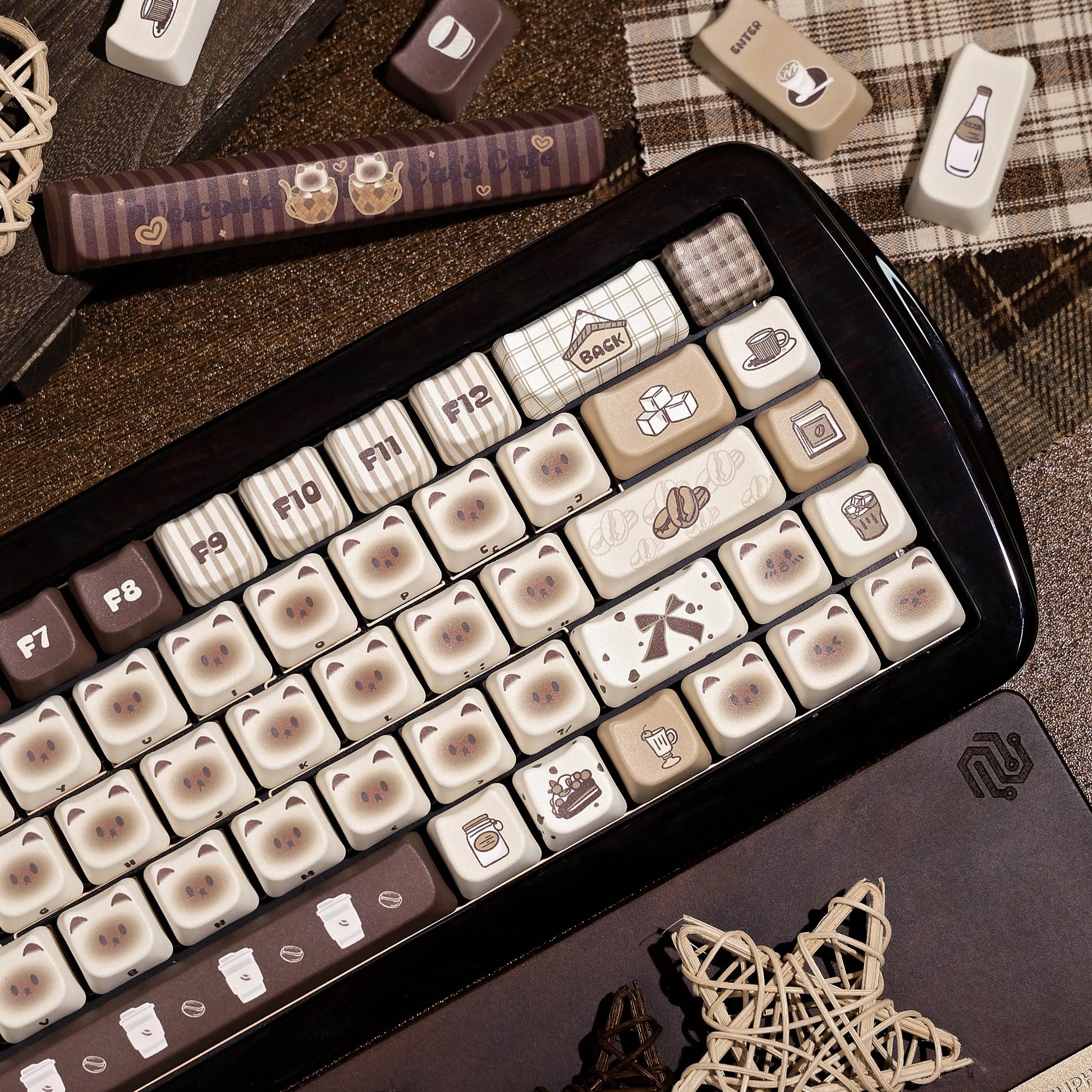 Siamese Brew-tique keycaps with a brown coffee shop theme, ideal for mechanical keyboard customization.