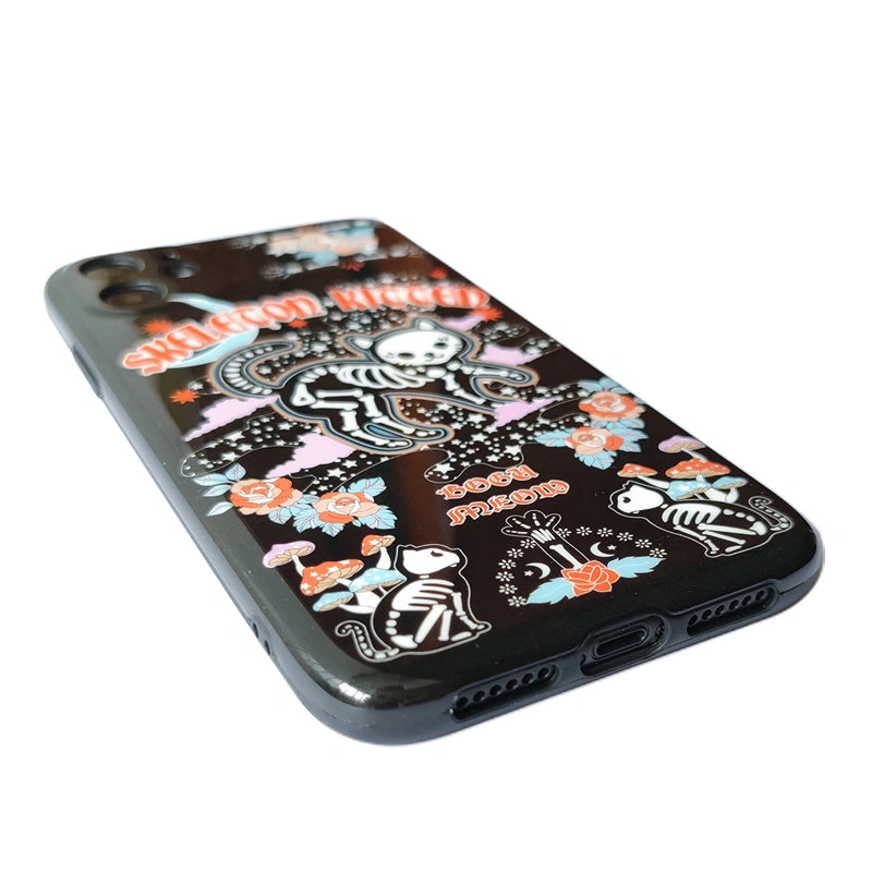 Black Skeleton Kitten phone case, a unique gothic gift idea for Halloween and cat lovers – exclusively available at Cat Lady's Find.