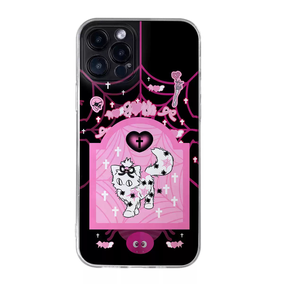 Spooky Kitty Love phone case featuring a cute white cat with spider webs, skulls, and pink hearts on a black & pink gothic background – perfect Halloween gift for cat lovers, from Cat Lady's Find.