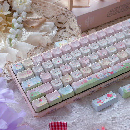 Strawberry Meow-lk Keycap Set featuring cute pastel pink cat designs for mechanical keyboards, perfect for gamer girls.