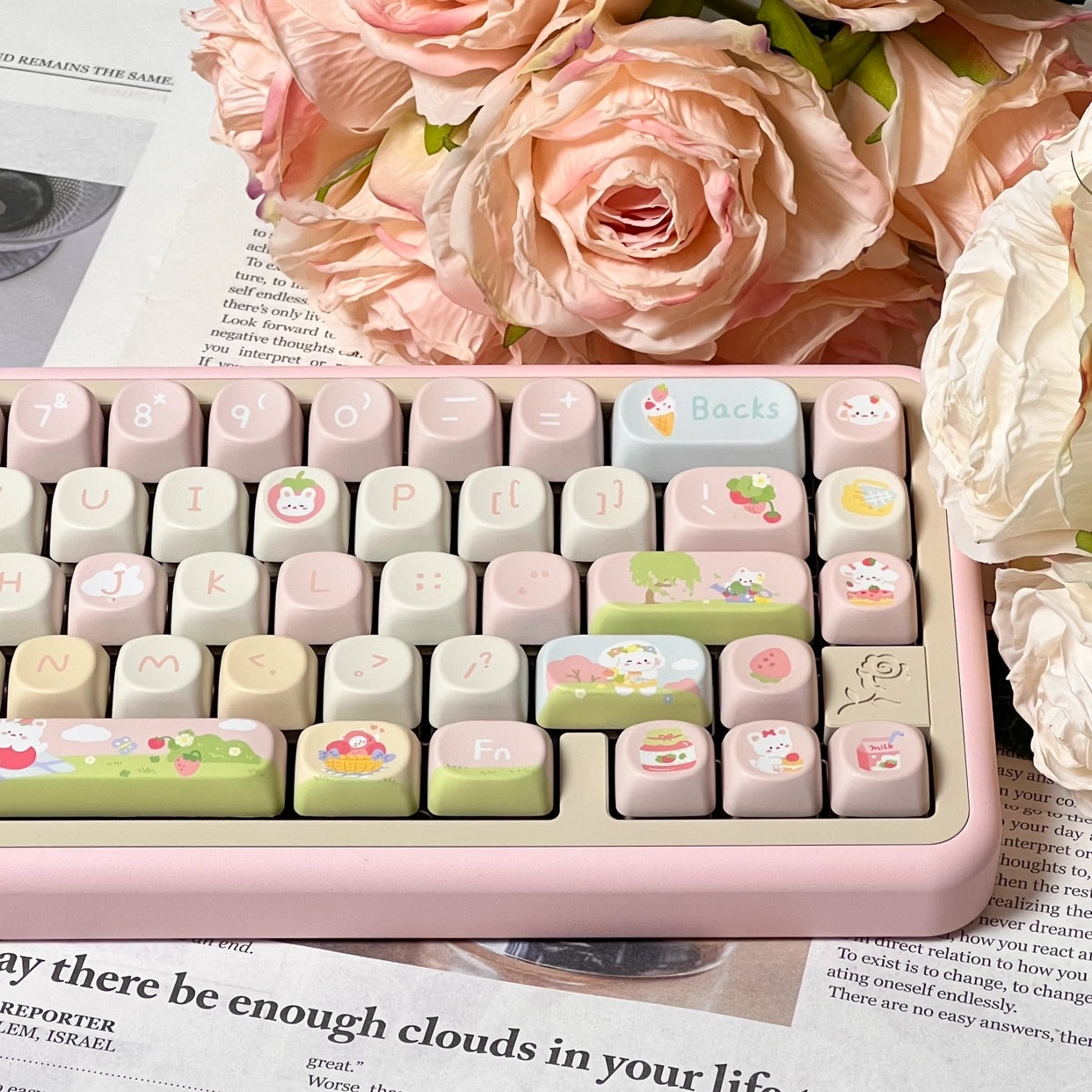 Cute cat-inspired pastel pink keycaps from the Strawberry Meow-lk Keycap Set, ideal for gamer girls and cat fans.