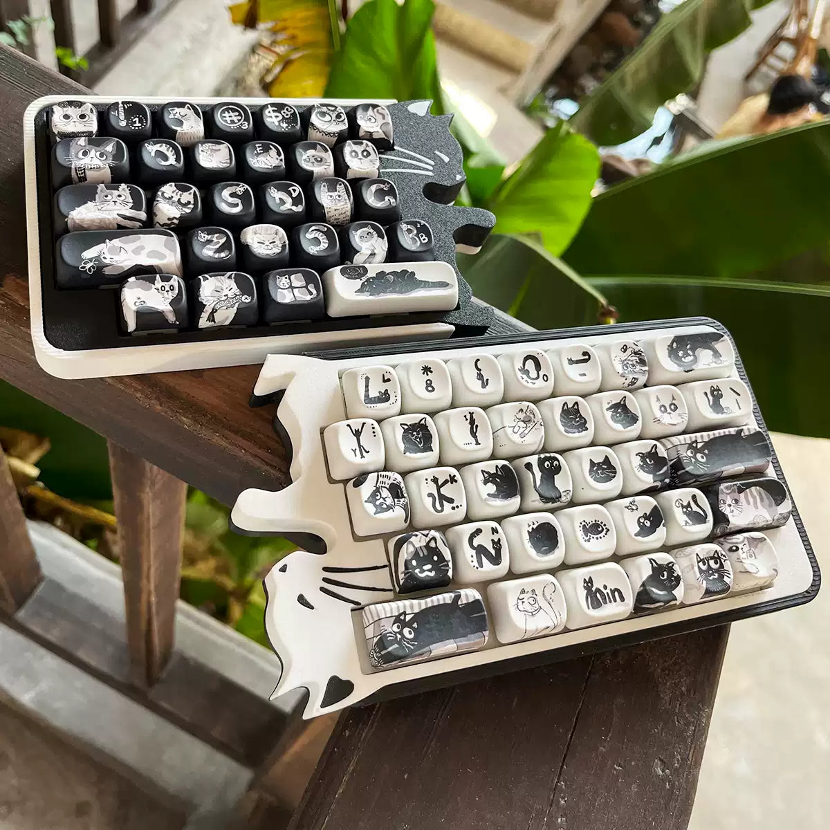 Tai Chi Kitty Keycap Set featuring adorable black and white cat illustrations, perfect for mechanical keyboards – a pawsome gift for gamer girls and cat lovers from Cat Lady's Find.