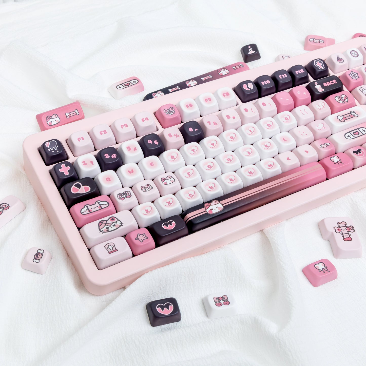 Twilight Meow Tales Keycap Set featuring pink and black cat-themed keys on a mechanical keyboard.