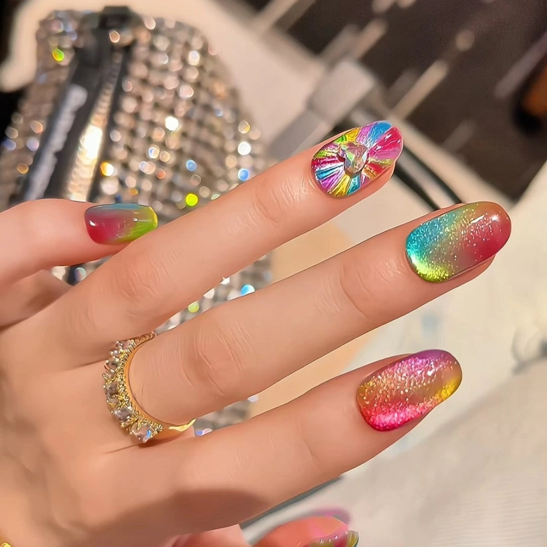 Vibrant rainbow heartburst press-on nails with sparkling finish
