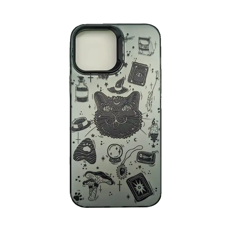 Whiskers & Wonders phone case featuring a magical black cat with tarot card elements on a silver metallic background – perfect for cat lovers with a mystical side, by Cat Lady's Find.