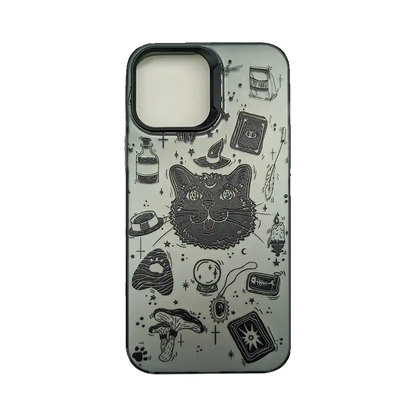 Whiskers & Wonders phone case featuring a magical black cat with tarot card elements on a silver metallic background – perfect for cat lovers with a mystical side, by Cat Lady's Find.