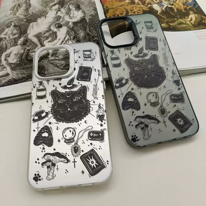 Whiskers & Wonders phone case with a black cat surrounded by tarot cards, ideal for those who love mystical and magical cat designs, from Cat Lady's Find.